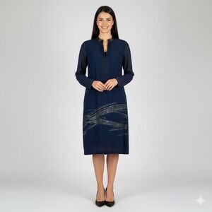 Elie Tahari Shift Dress Women 6 Navy Blue‎ Cotton Blend Abstract Detail Leather